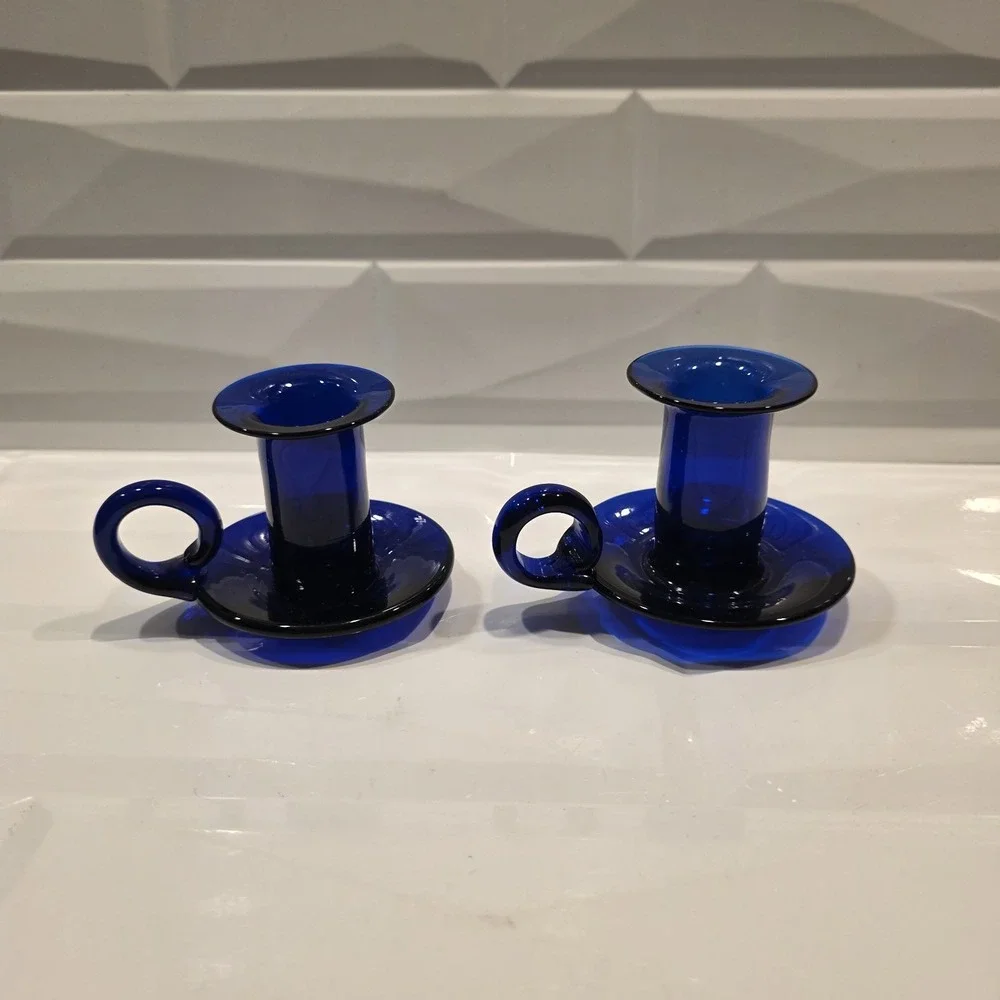 Vintage Hand Blown Cobalt Blue Art‎ Glass Finger Loop Handle Candlestick Holder